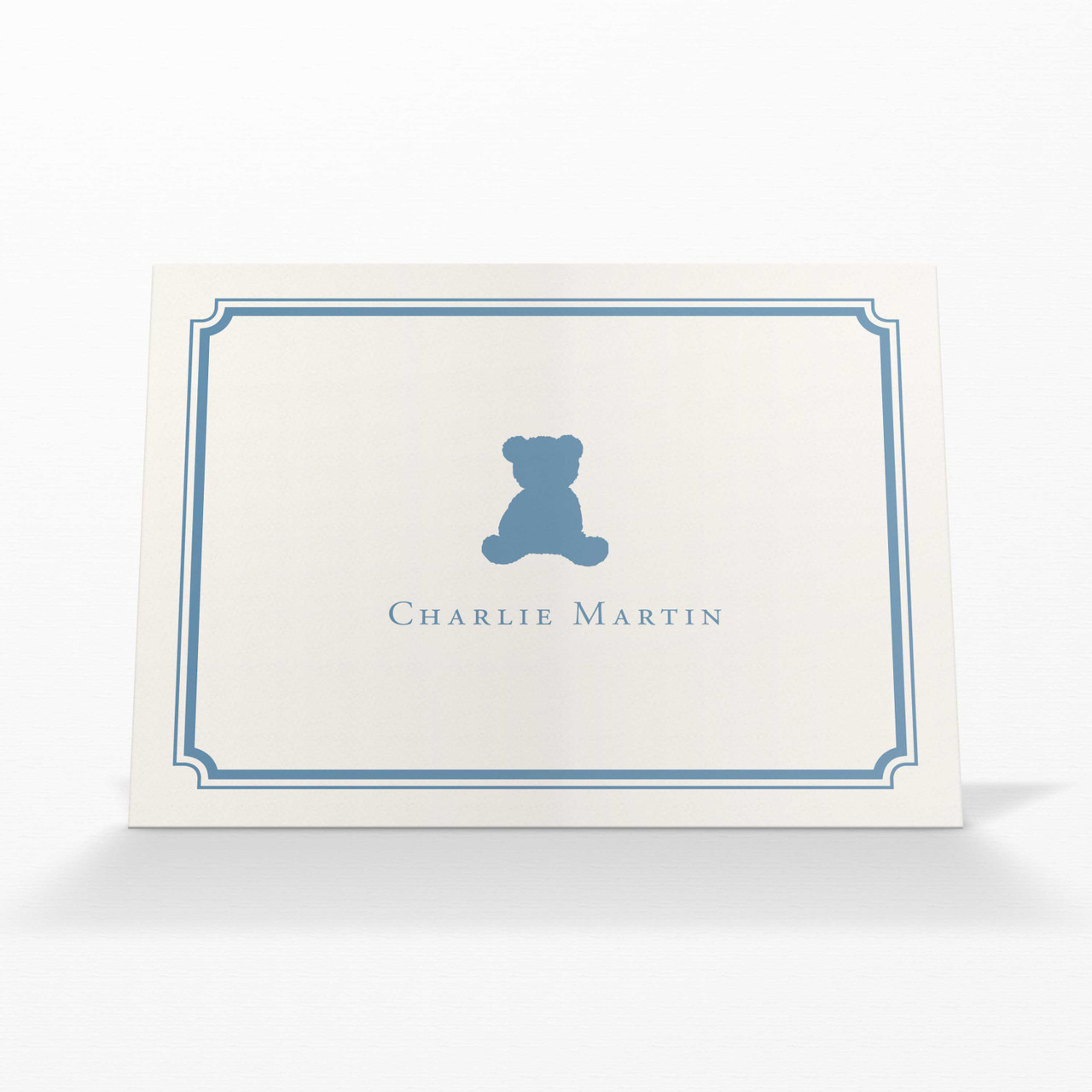 Elegant personalized baby notecard with teddy bear design – charming stationery for new moms or baby thank-yous